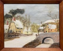Follower of British Naive School, Winter viilage scape,oil on board, signed F. Steward and dated (