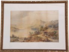 An atmospheric landscape overlooking a lake and mountainous range, watercolour, signed E A Krause (