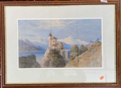 E E West, Signed watercolour, Castle in Continental Landscape 49 X 29 CM