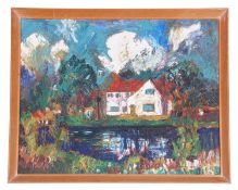 John Trudgill, 20th century, British, house by a lake scene, signed. , 15.5 x 19 ins