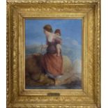 James John Hills (British,19th century) Woman carrying a child, oil on board, 11x9ins, signed,