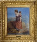 James John Hills (British,19th century) Woman carrying a child, oil on board, 11x9ins, signed,