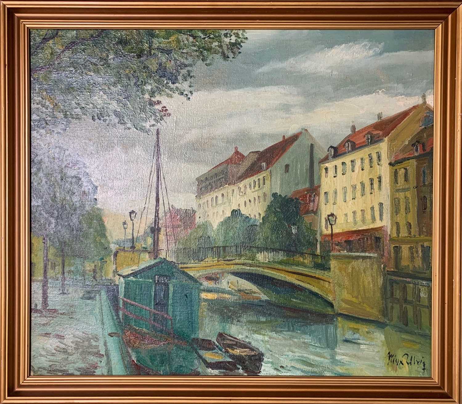 Max Ulvig (Danish, 20th century) Amsterdam, oil on board, signed, 22x25ins, framed.