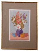 Janowski Sandor (Hungarian, 20th century), Still Life print of flowers and fruit, woodblock print