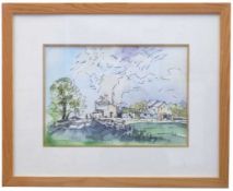 British 20th Century, A sketch of a farmstead under clouds, pen, watercolour, unsigned, 11 x 15ins