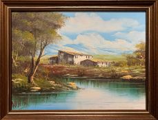 20th century landscape and riverbank scene with a distant mountain range, indistinctly signed, oil