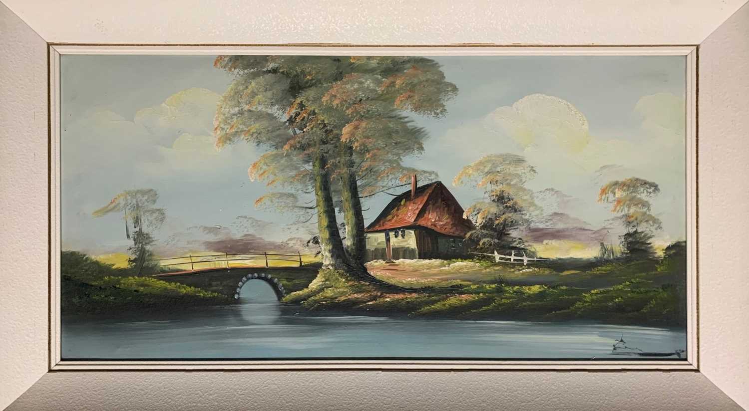 British, contemporary, A cottage by the river, oil on board, indistinctly signed, framed