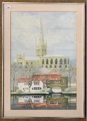 Gerald Rikards (British, 20th century) Norwich Cathedral, gouache, 24x16 ins, signed and dated (