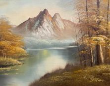 British / Continental School, A lakeside view with distant mountain ranges, oil on canvas, framed,