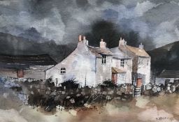 T. Moore (British, Contemporary), A Group of rural cottages under storm clouds, watercolour, signed.
