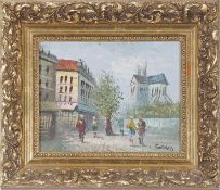 Caroline Burnett (American, 20th century) Parisian street scene, impasto oil on canvas, 7.5x9.