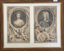 After Kneller 1745, engraving, The Duke and Duchess of Marlborough, pair on one frame each 22 x