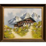 Traditional Swiss house in the Alps, impasto oil on board, signed 'Meinger', framed,13x16.5ins.