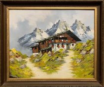Traditional Swiss house in the Alps, impasto oil on board, signed 'Meinger', framed,13x16.5ins.