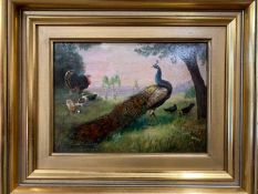 Peacock, turkey and others, oil on board, indistinctly signed, 7x10ins framed.