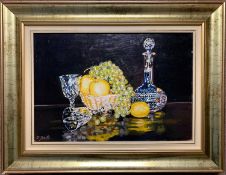 Modernist Still Life of fruit and glassware, oil on canvas, signed 'Mc Dermott' framed.