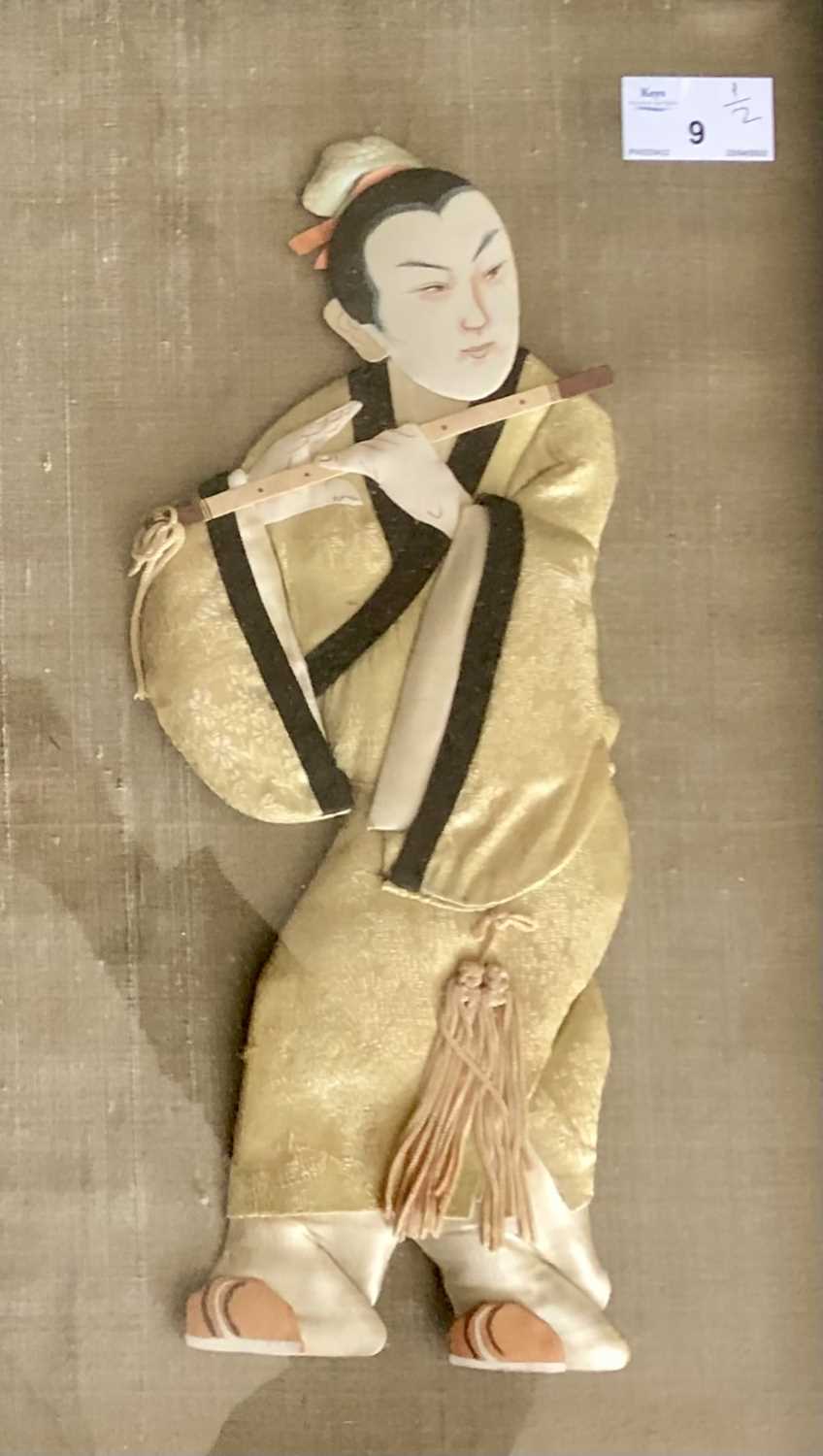 A portrait of a Japanese flute player (12x5ins., approx.), silk and other fabric, together with a