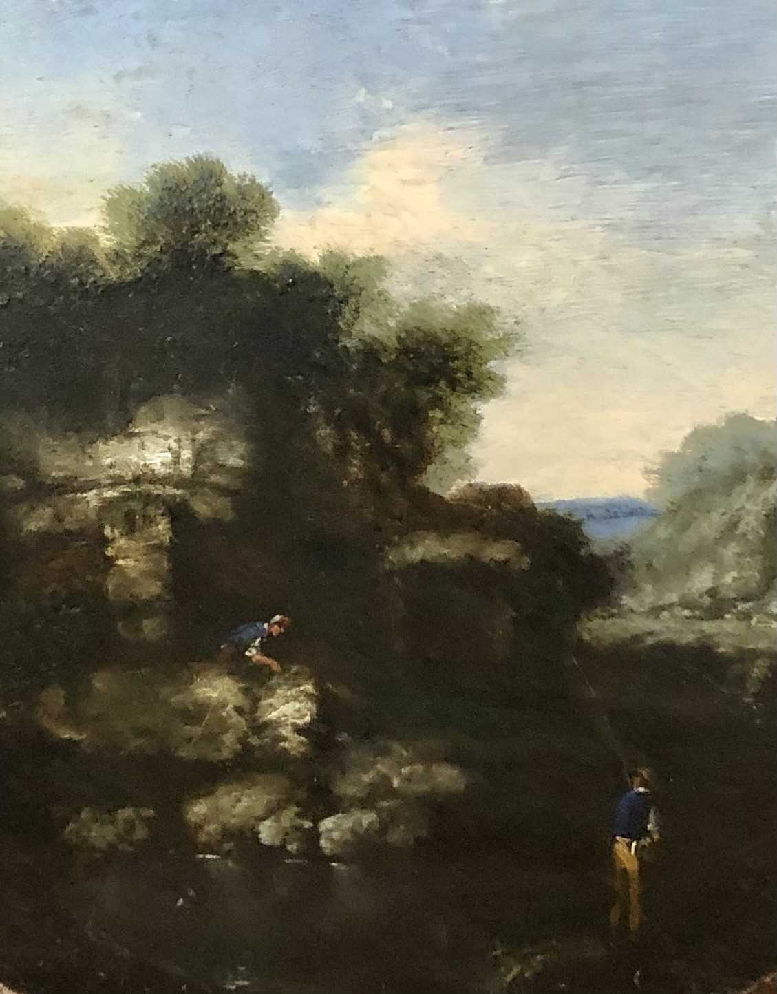 British School, 19th Century, Figures fishing by a pool, oil on board, unsigned. unframed circular