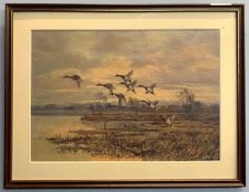 Wilfred Bailey (British, 20th century) oil on board, Mallards over Malham Tarn, signed, framed and