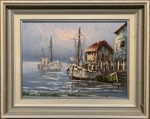 A.W. Ross (British 20th Century), fishing boats, oil impasto on board, signed, framed, 11x15ins