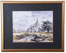 British 20th Century, A study of an unidentified church with a footbridge in the foreground, pen,