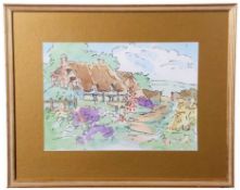 British 20th Century, A study of an English thatched cottage and garden , pen, watercolour,