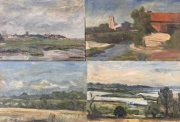 Eight oil on board Norfolk landscapes - two inscribed on verso: 'Site of Old Burgh Hall' and '
