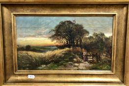 British School, Late 19th Century, Sunset landscape with a figure by a gate, oil on canvas, 9x13.