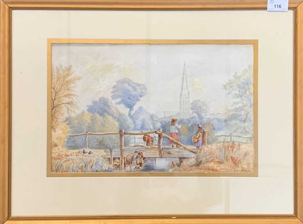 F. Brooke, signed watercolour, Children playing on a bridge over a stream 24 X 38 CM