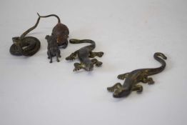 Small box containing quantity of metal animals, snakes, lizards, mouse, small dog etc