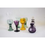 Large wine glass or goblet with blue colour air twist stem, together with variety of other