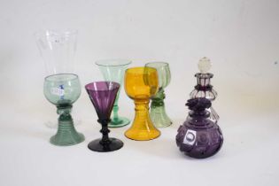 Large wine glass or goblet with blue colour air twist stem, together with variety of other