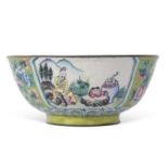 Chinese enamel bowl, the green ground finely decorated in famille rose flowers with alternative