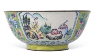 Chinese enamel bowl, the green ground finely decorated in famille rose flowers with alternative