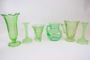 Group of uranium glasswares comprising; celery vase, art deco vase possibly James Powell & Sons, 2