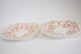 Two Spode Felspar porcelain plates of quatrelobe shape, painted with pink roses and gilt leaves,