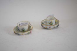 Meissen miniature cup and saucer with relief floral decoration (restored handle), together with a