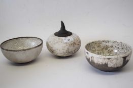 Group of Swedish pottery bowls by Louise Ebbmar, two with a white mottled design and further jar and