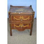 Georgian mahogany tray top commode with pull out base and side lopes, decorated with painted swags