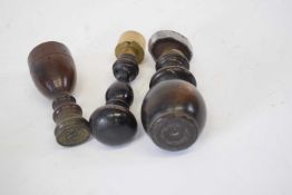 Box containing three Victorian metal seals with wooden handles