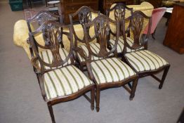 Set of six reproduction shield back dining chairs with striped upholstered seats