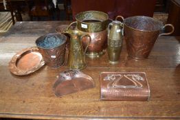 Collection of various copper and brass wares in the Arts & Crafts taste to include jardinieres,