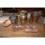 Collection of various copper and brass wares in the Arts & Crafts taste to include jardinieres,