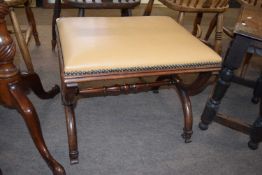 19th century mahogany framed stool with 'X' formed ends and central turned stretcher, fitted with