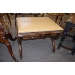 19th century mahogany framed stool with 'X' formed ends and central turned stretcher, fitted with