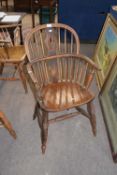 19th century ash and elm Windsor chair with pierced splat back, turned front legs and 'H' stretcher,