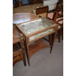 Edwardian mahogany framed bijouterie table with hinged lid over a plush lined compartment and a