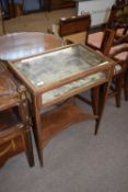 Edwardian mahogany framed bijouterie table with hinged lid over a plush lined compartment and a