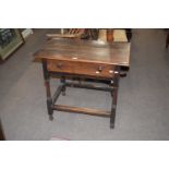 17th century and later oak single drawer side table raised on turned legs with stretcher surround,
