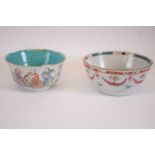 Two Chinese porcelain slop bowls, one 18th century in famille rose style, the other with Chinese